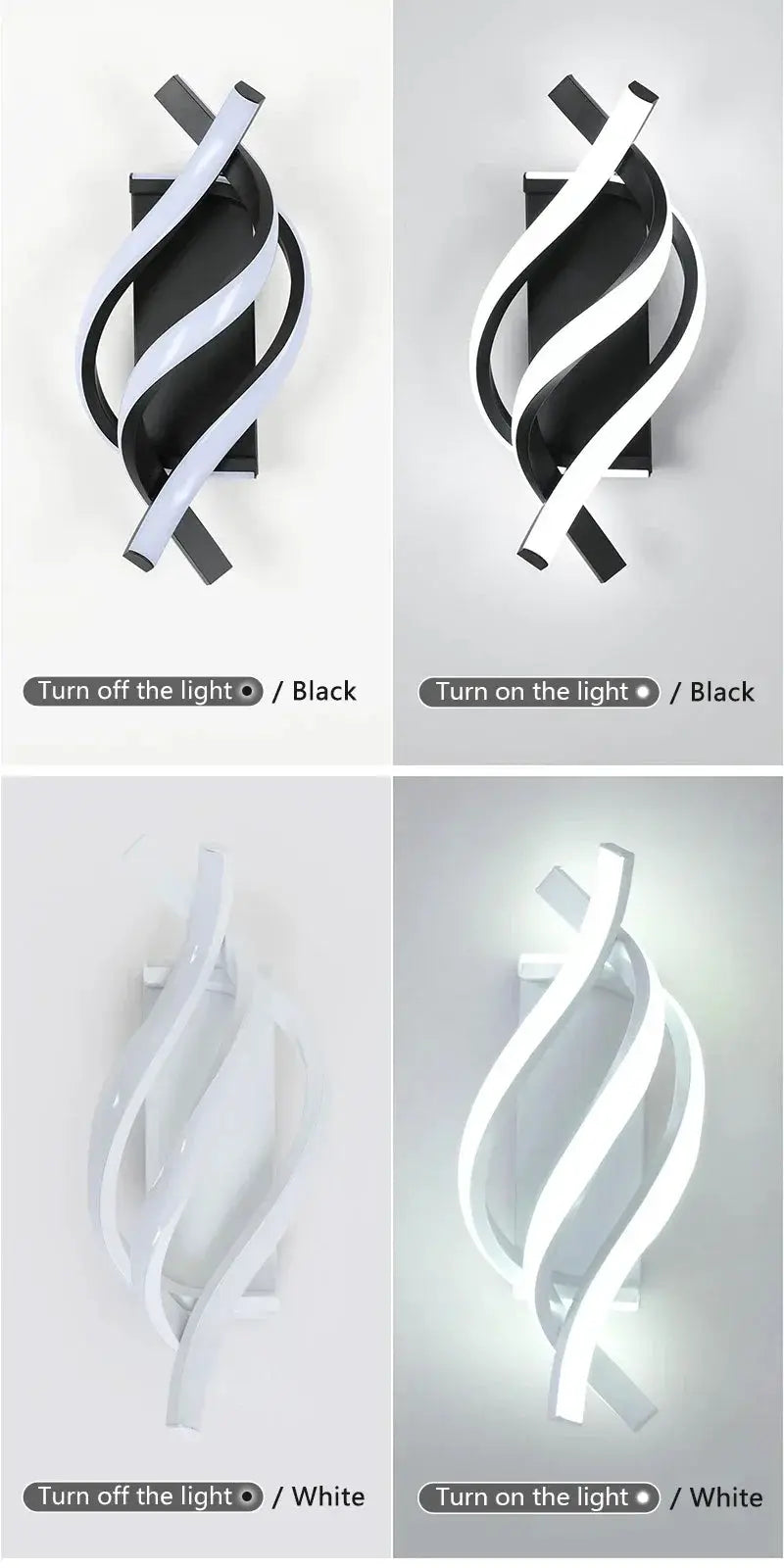Curved Spiral LED Wall Lamp by Simples Market in black or white finish (2 finishes) for bedroom, living room, hallway.