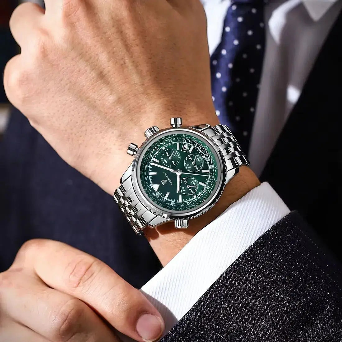 POEDAGAR men's luxury stainless steel chronograph watch with green dial, waterproof, date window, luminous hands.