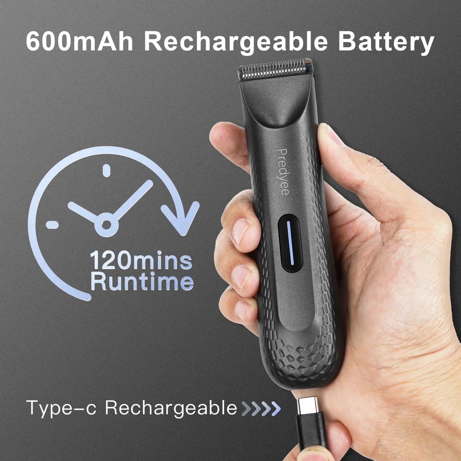 Electric groin hair trimmer for men, dark gray with replaceable ceramic blade, Type-C rechargeable.