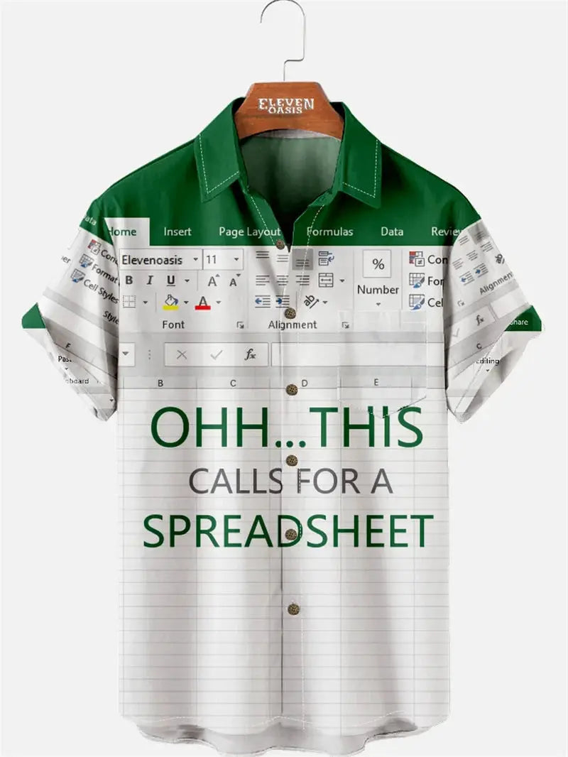 Hawaiian shirt with a 3D print Excel spreadsheet graphic, green collar, white body, button-front, casual vacation style