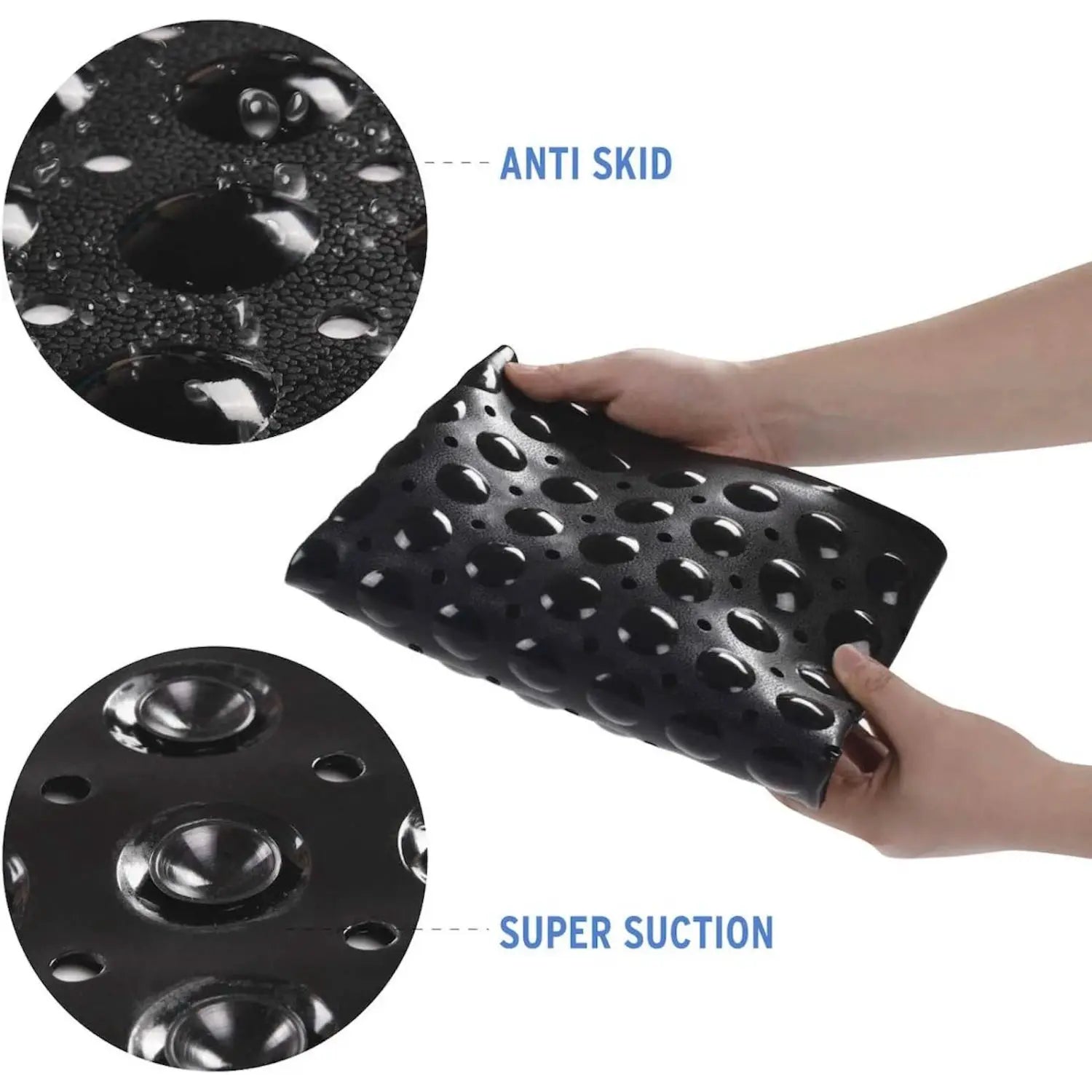 Black PVC non-slip bath mat with suction cups and drain holes, 38×70 cm