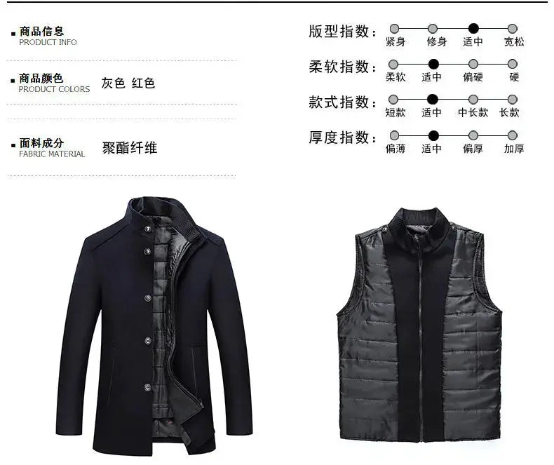 Two-piece men's outerwear: dark navy wool trench coat with button front and quilted lining, plus a black sleeveless padded vest.