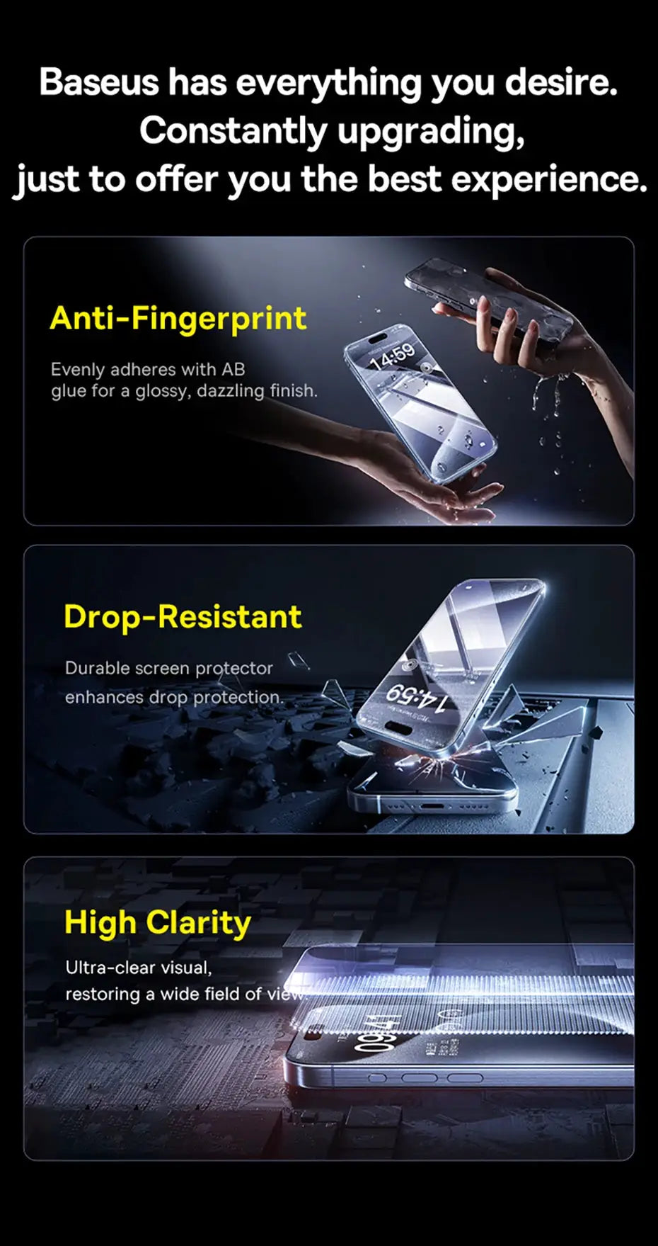 Baseus tempered glass screen protector for iPhone Pro Max with anti-fingerprint, drop-resistant, high clarity