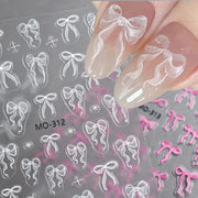 Bowknot Nail Stickers 3D Relief White Ribbon Pink Self Adhesive Nail Art Decals For Tips Manicures