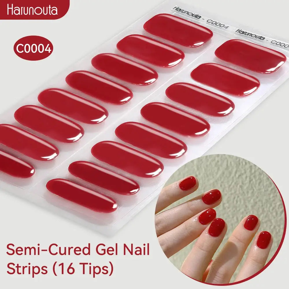 Gel nail strips Harunouta red glossy semi-cured, 16 tips for UV/LED lamps