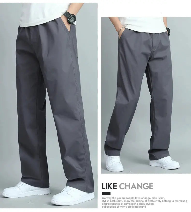 Simples Market big size men's casual cotton trousers, grey loose-fit straight pants with multiple pockets