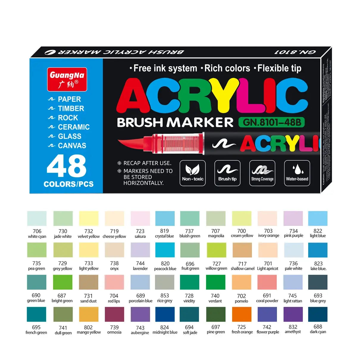 Acrylic brush marker set, 48-color waterproof markers with soft brush nib in GuangNa packaging