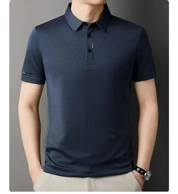 Men's navy ice-silk polo shirt with short sleeves, polo collar and textured fabric.