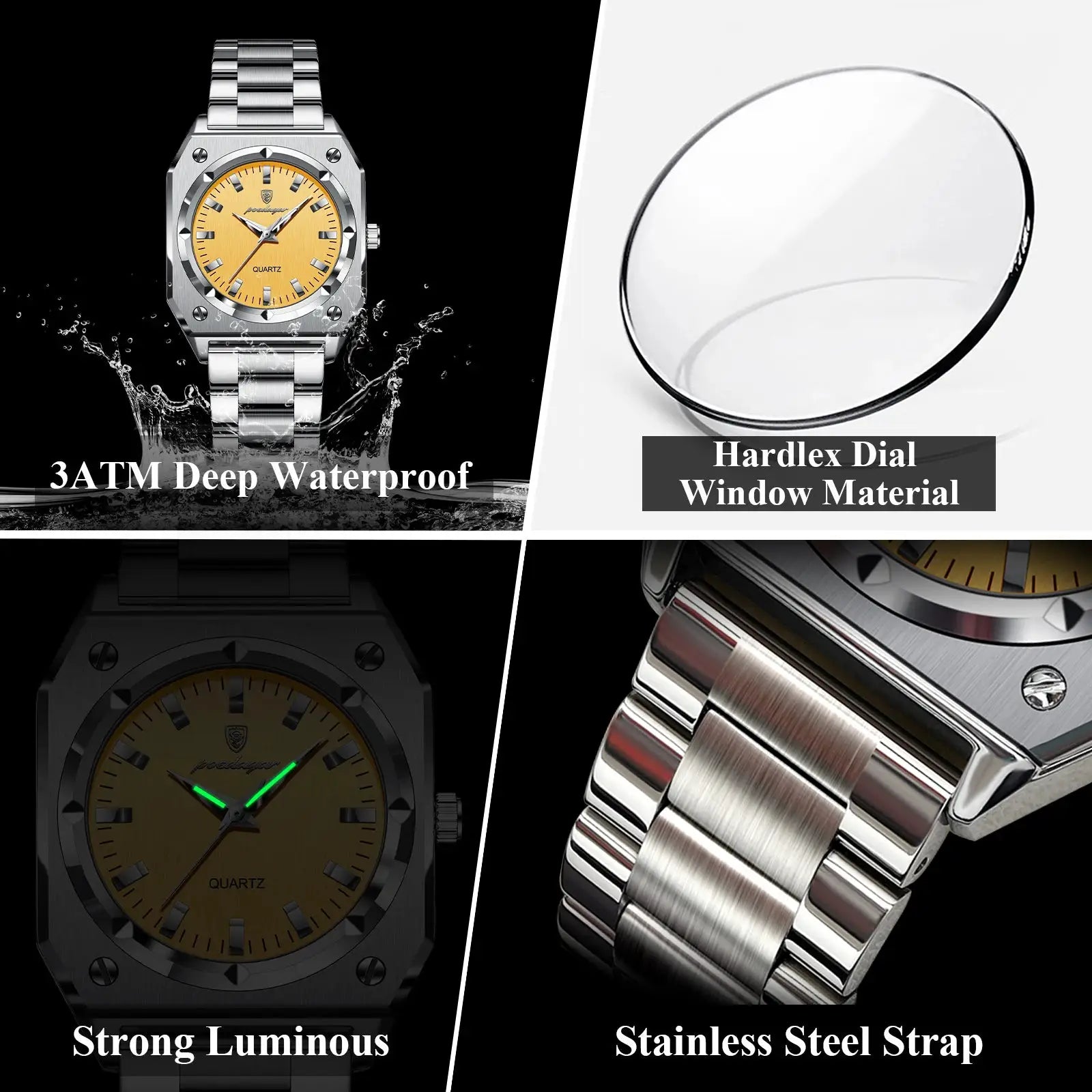 POEDAGAR elegant ladies wristwatch with gold dial and stainless steel strap; 3ATM waterproof