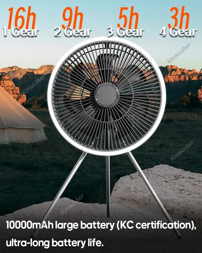 Simples Market KINSCOTER 11-inch outdoor camping fan with LED ring, tripod stand and 10000mAh battery