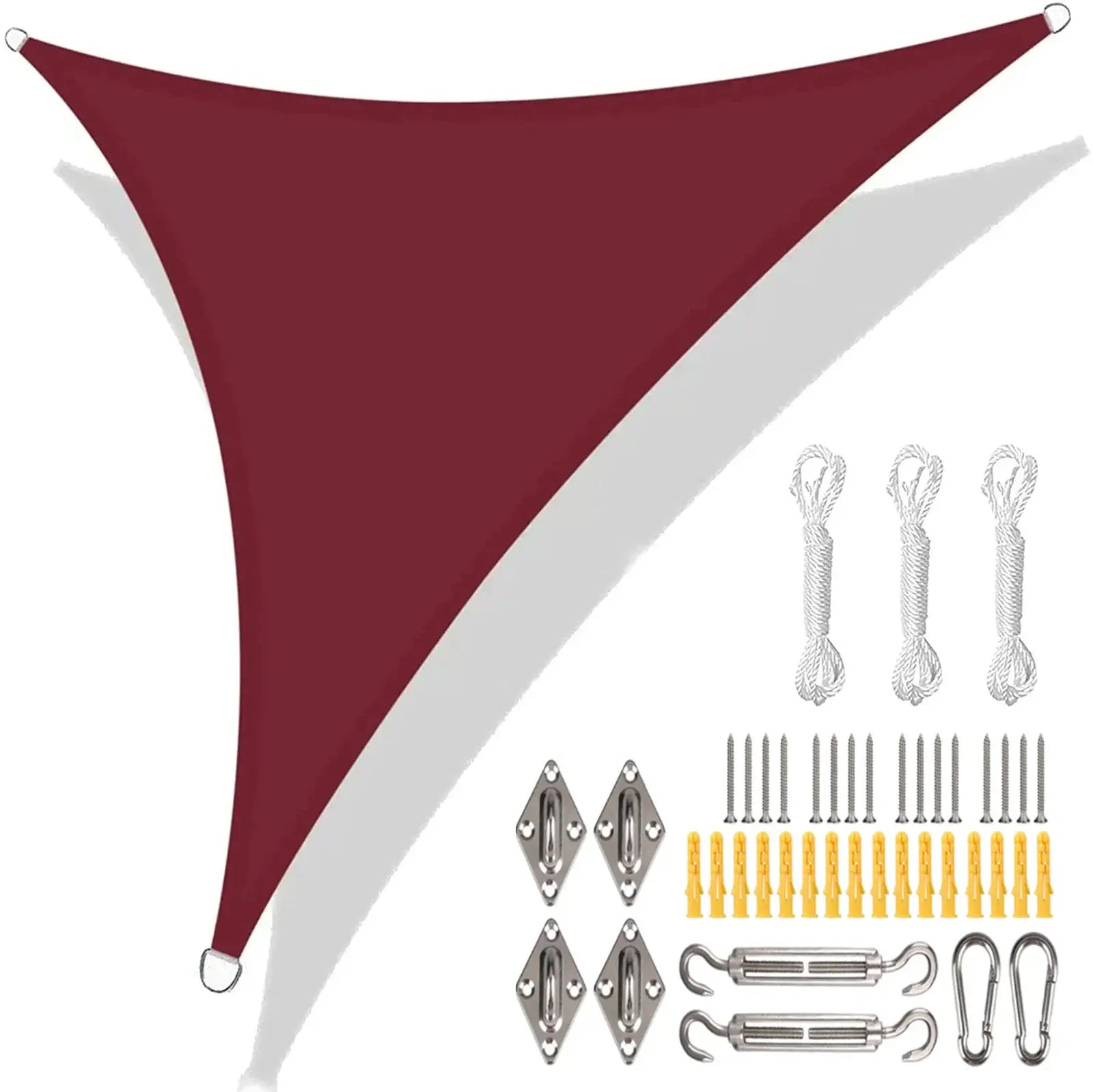 Shade sail triangle kit by Simples Market in maroon with rope ends and complete mounting hardware