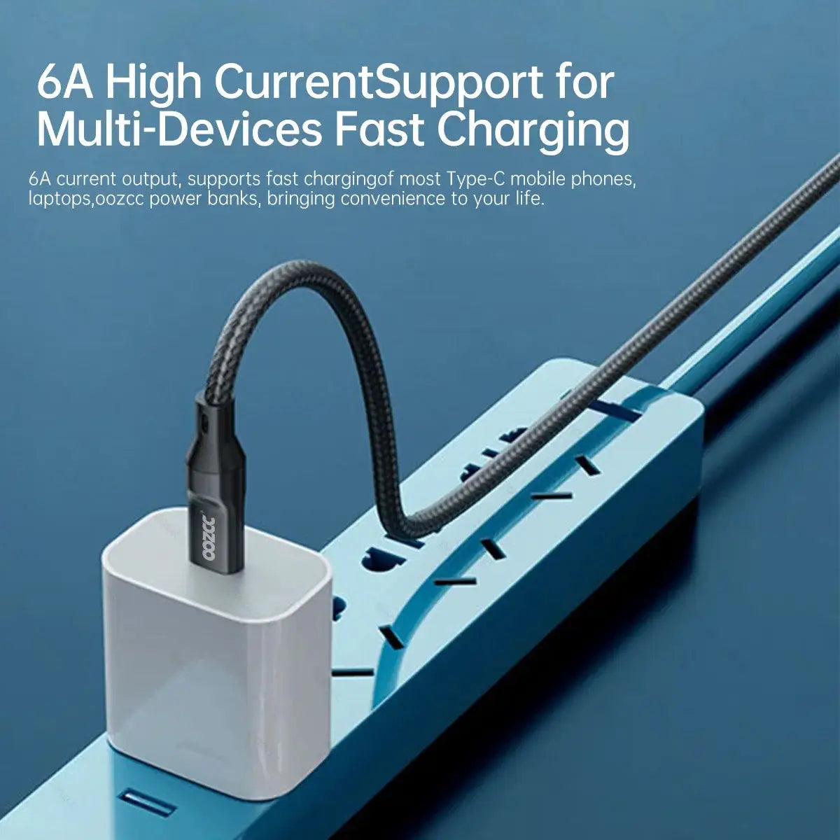 OOZCC LCD Watt Display Cable braided black USB-C charging cable plugged into a white wall adapter on a blue power strip