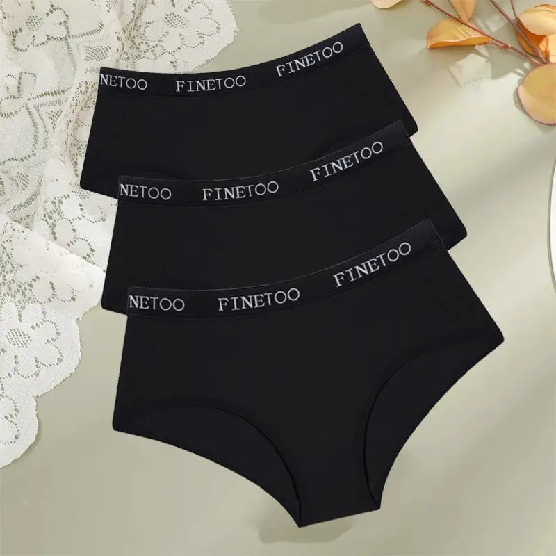 3-pack black cotton panties for women with FINETOO waistband, low-rise breathable briefs.