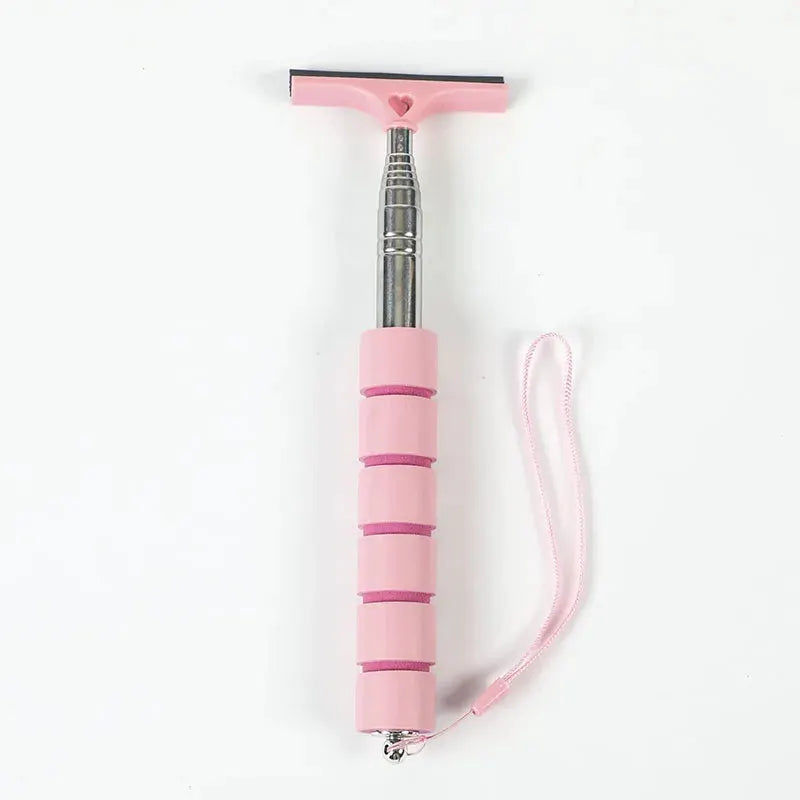 Pink telescopic rearview mirror cleaning wiper with segmented grip and wrist strap