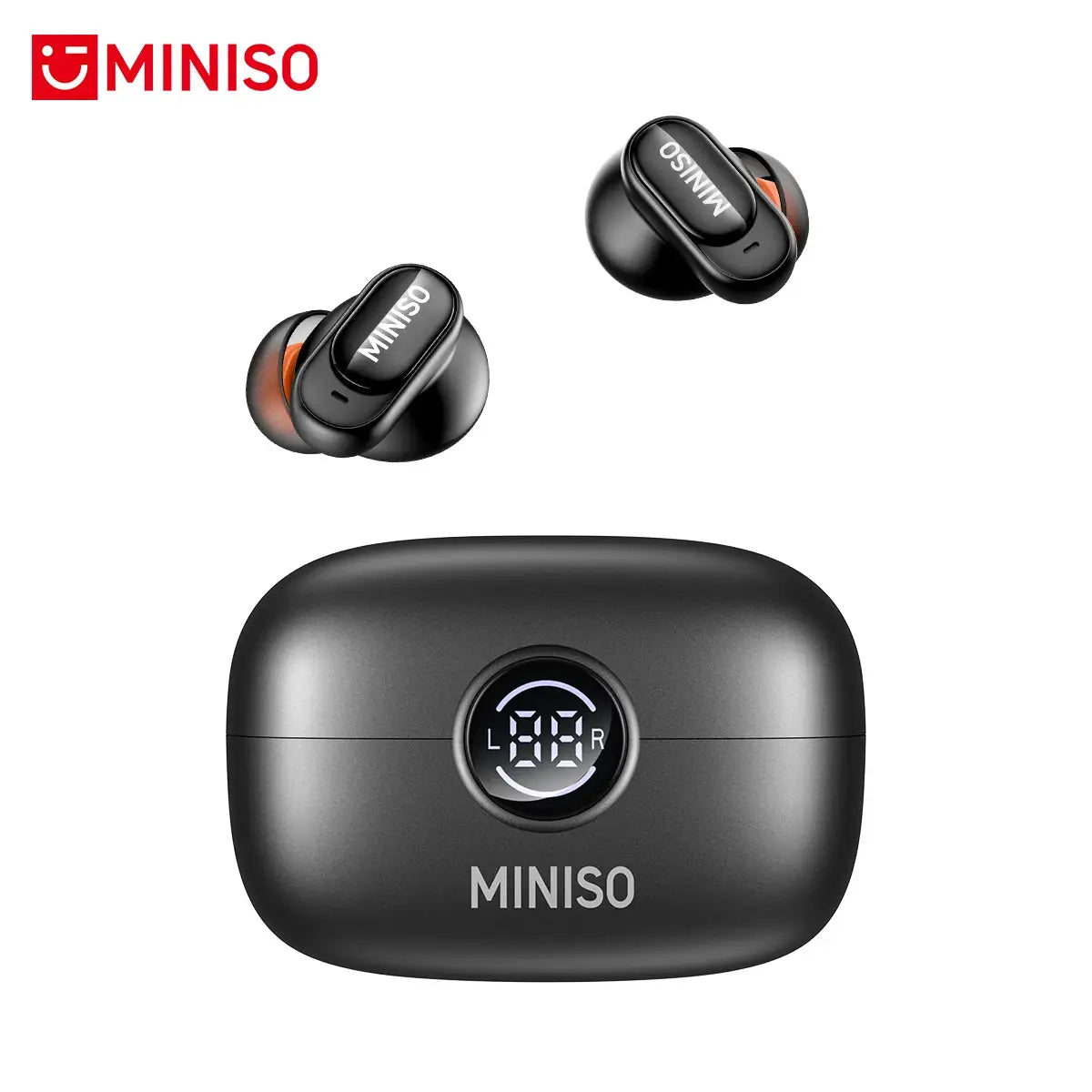 MINISO MS105 Bluetooth in-ear earbuds (2) with orange tips in a black charging case with LED display