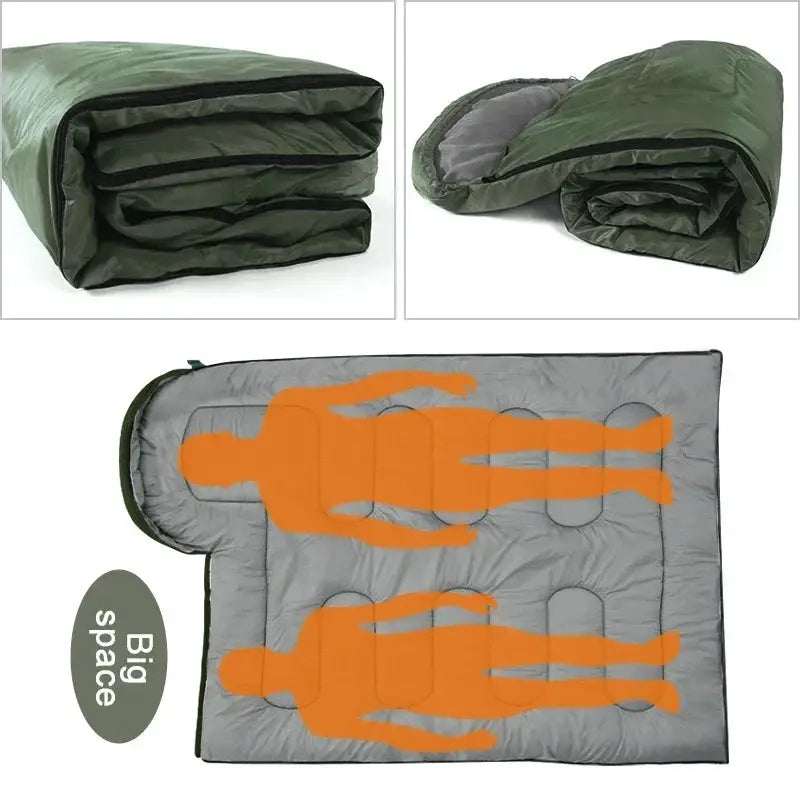 Camping sleeping bag; green envelope-style, ultralight, waterproof.