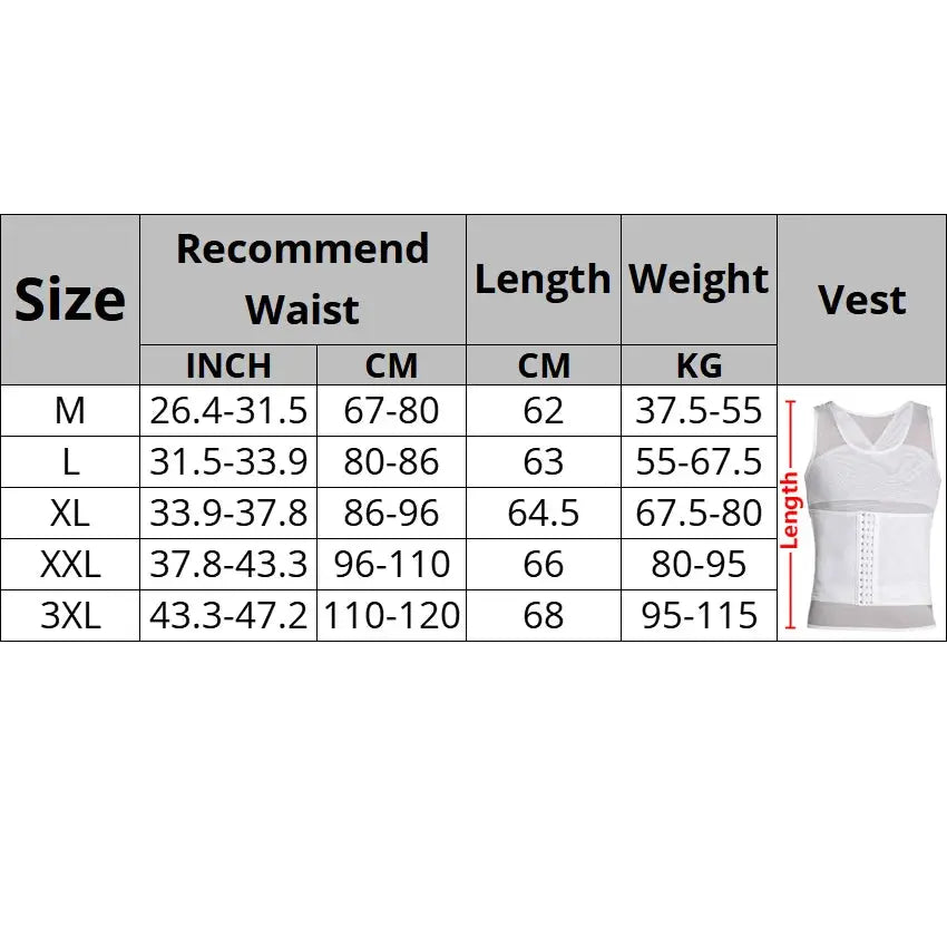 Simples Market CXZD waist trainer muscle girdle shirt for men with mesh vest; size chart shows M–3XL