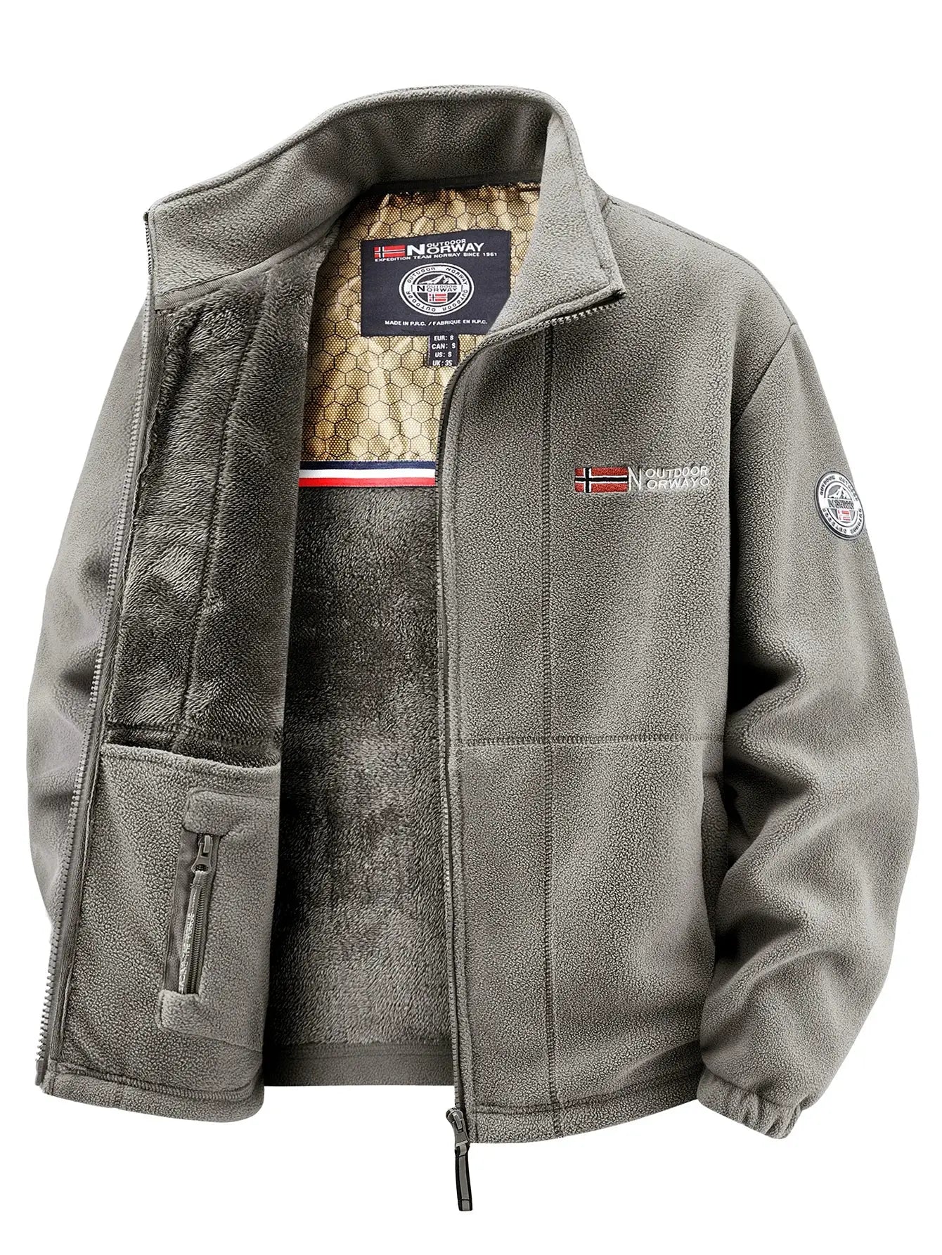 Men's fleece jacket in grey with Outdoor Norway patch, soft interior, wind-resistant, zip pockets.