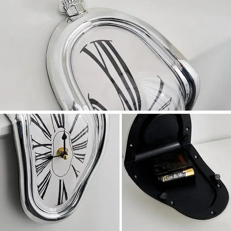 Surreal melting wall clock with chrome finish and Roman numeral dial, battery powered