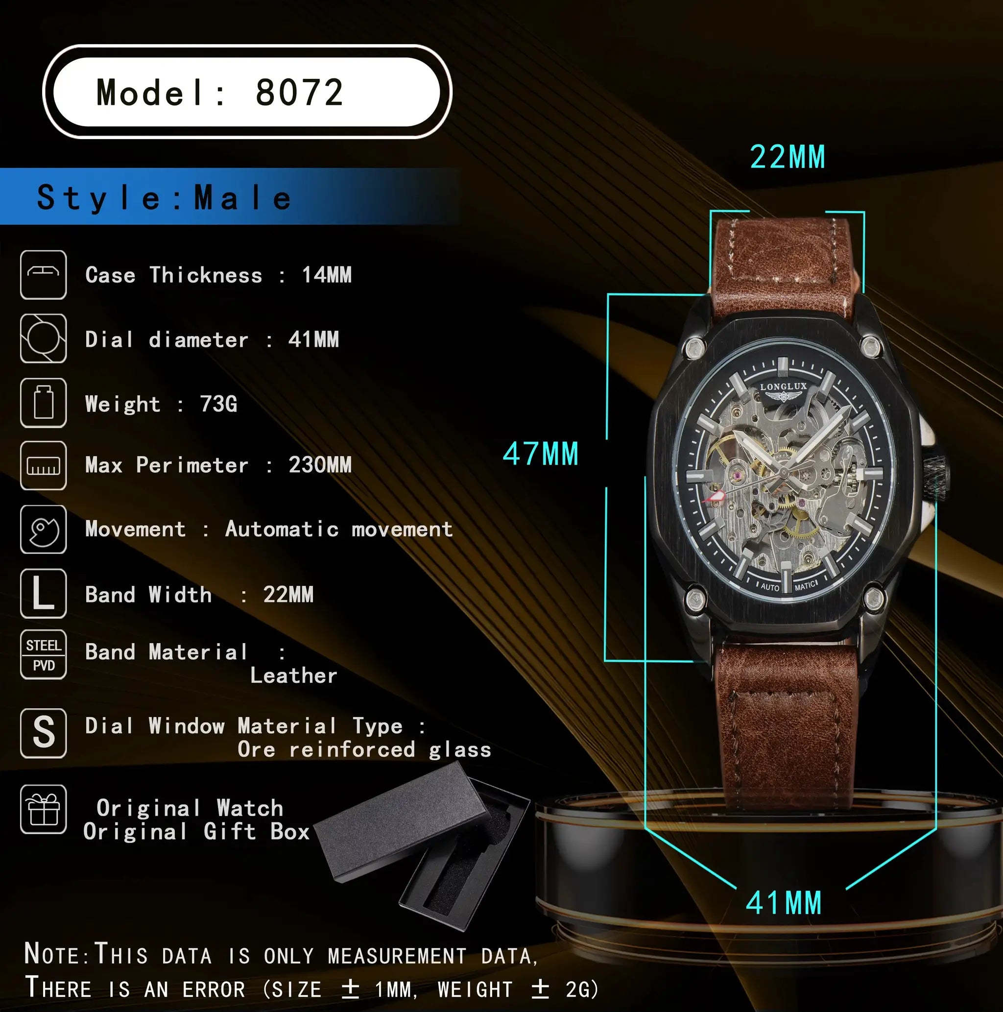 Men's automatic skeleton watch with brown leather strap and exposed gears