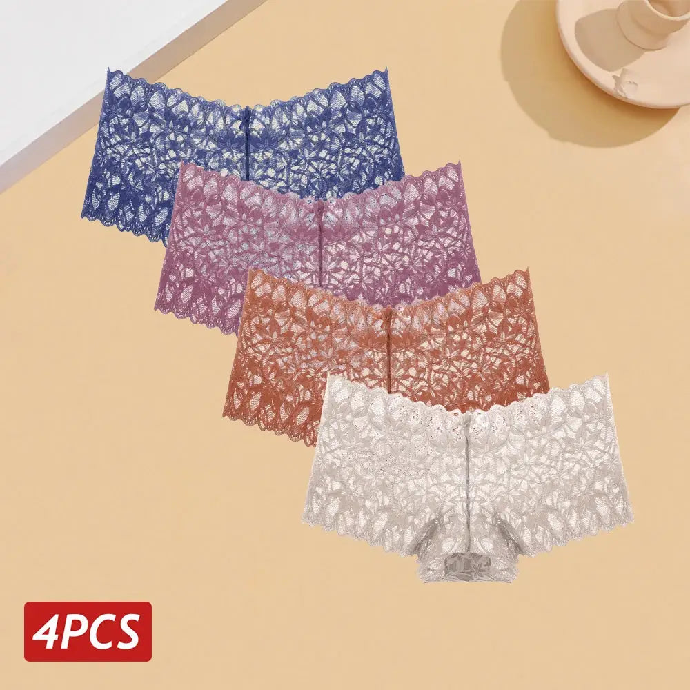 4-piece set of women's floral lace panties in blue, purple, pink, brown, and white