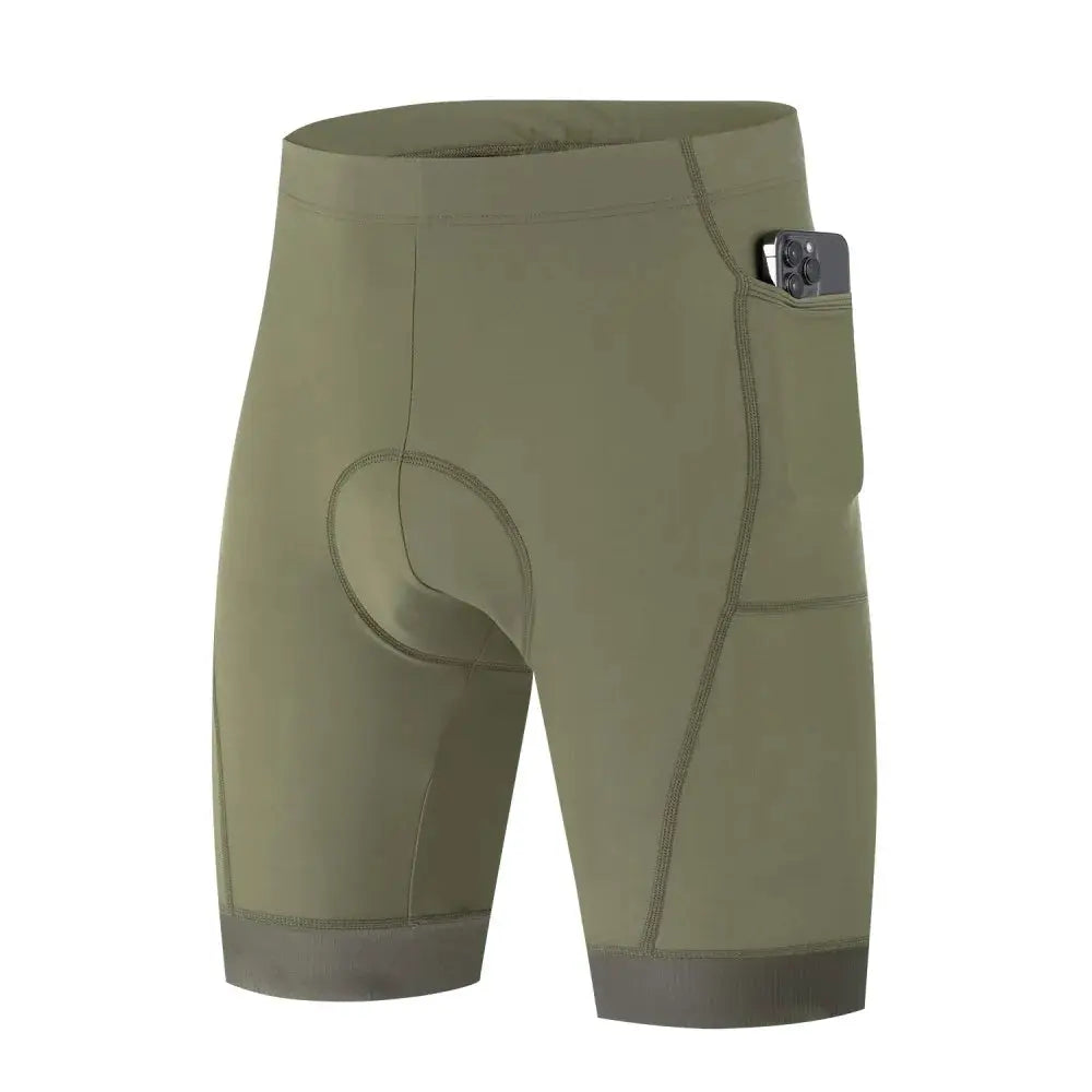 Men's olive green cycling shorts with 3D pad, breathable quick-dry fabric and 3 pockets.