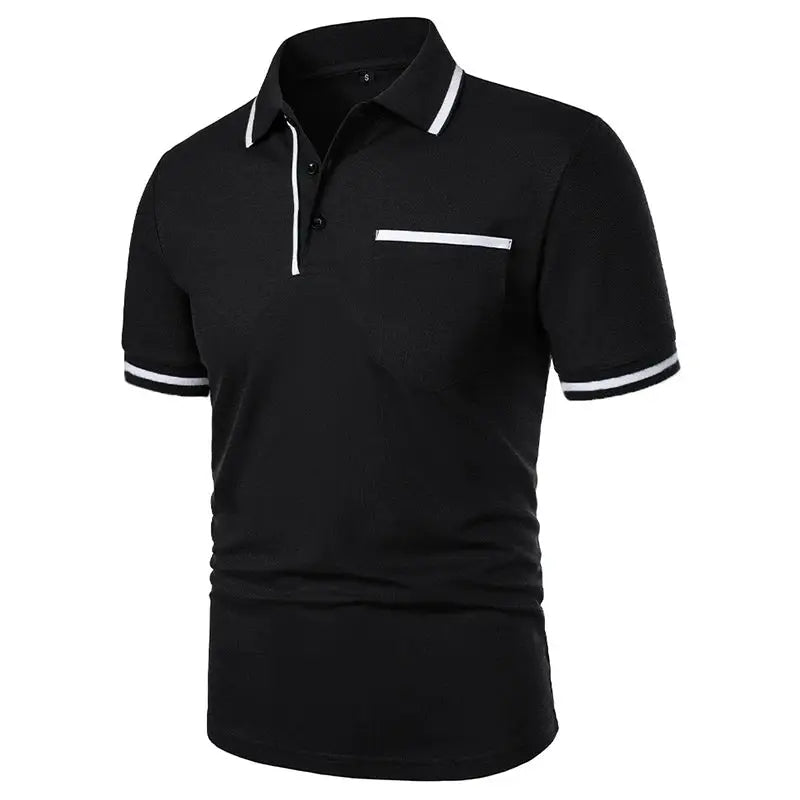 Black men's short-sleeve polo shirt with white piping on collar, placket, sleeve cuffs, and chest pocket.