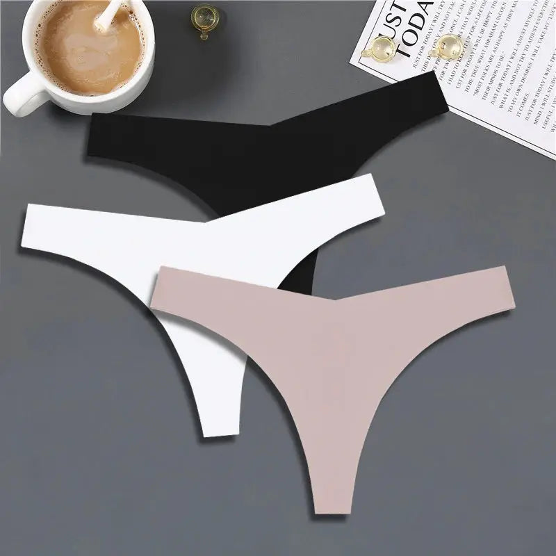 FINETOO 3-piece seamless ice-silk thong underwear set in black, white, nude with low-rise V-waist