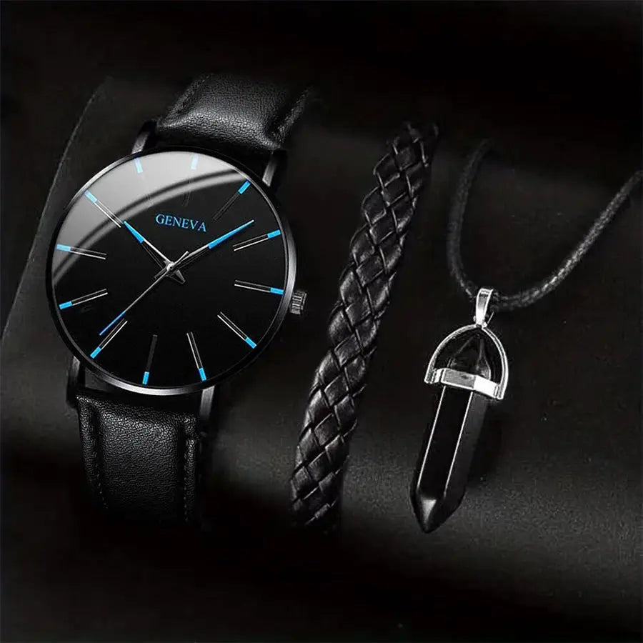 Nova 3 Piece Mens Analog Quartz Watch Set With Leather Bracelet And Necklace Included For Versatile Business Casual Wear