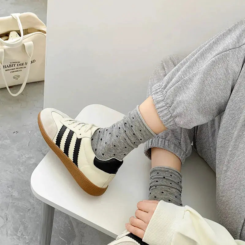 Vintage Cream Curled Edge Polka Dot Mid Tube Socks for Women Spring Summer Artistic Socks