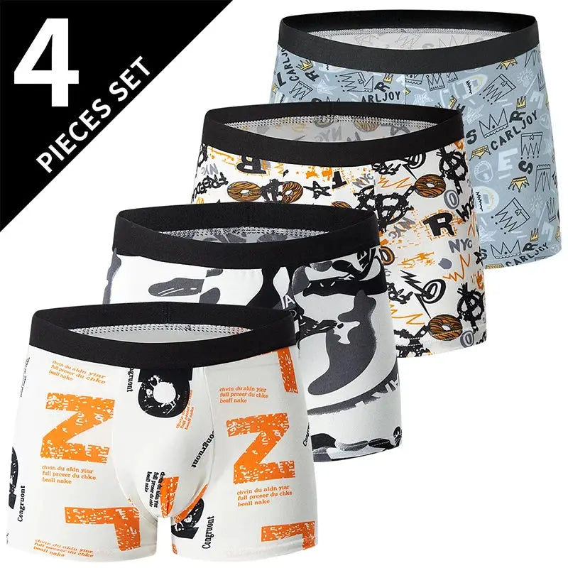 Simples Market men's printed fashion boyshort underwear, 4-piece set in assorted graphic prints.