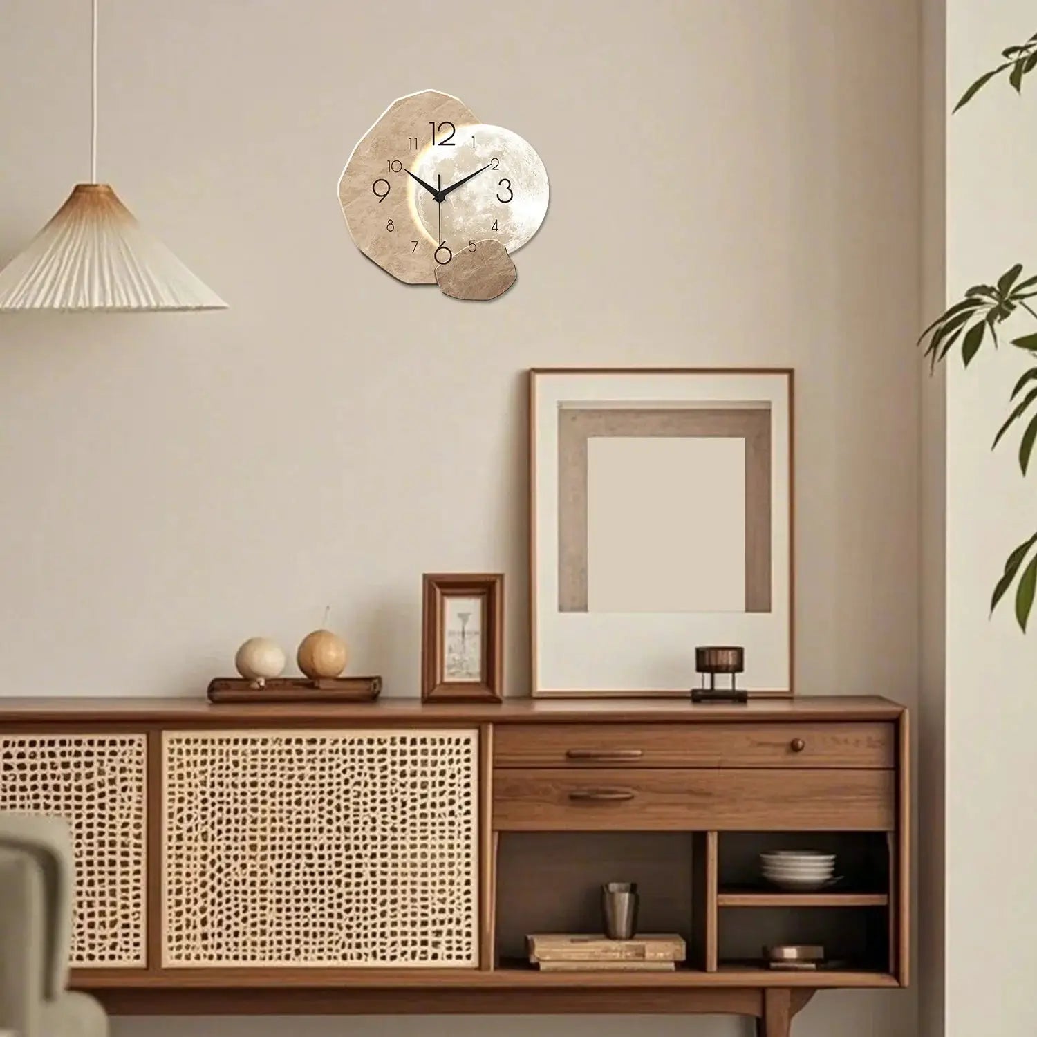 Modern Simple Silent Wall Clock with Moon Design, wooden finish, quartz movement