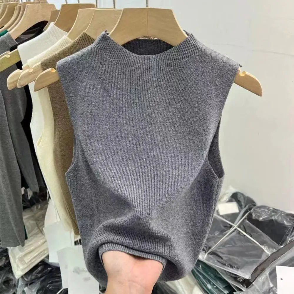 NovaWeave Womens Knit Vest Tank Top Cropped Solid Color Camisole With Half Turtleneck For Spring To Autumn