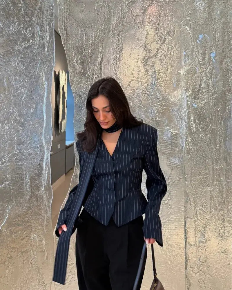 Trendix Elegant Blazer 2 Piece Set in navy pinstripe; V-neck jacket with matching bottoms worn by model