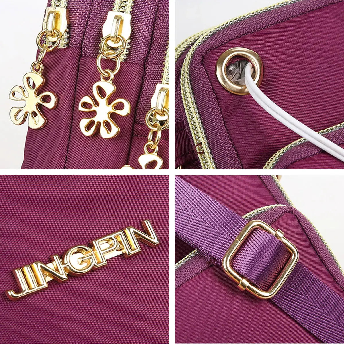 JINGPIN mobile phone bag; purple crossbody mini bag with gold-tone hardware and flower charms
