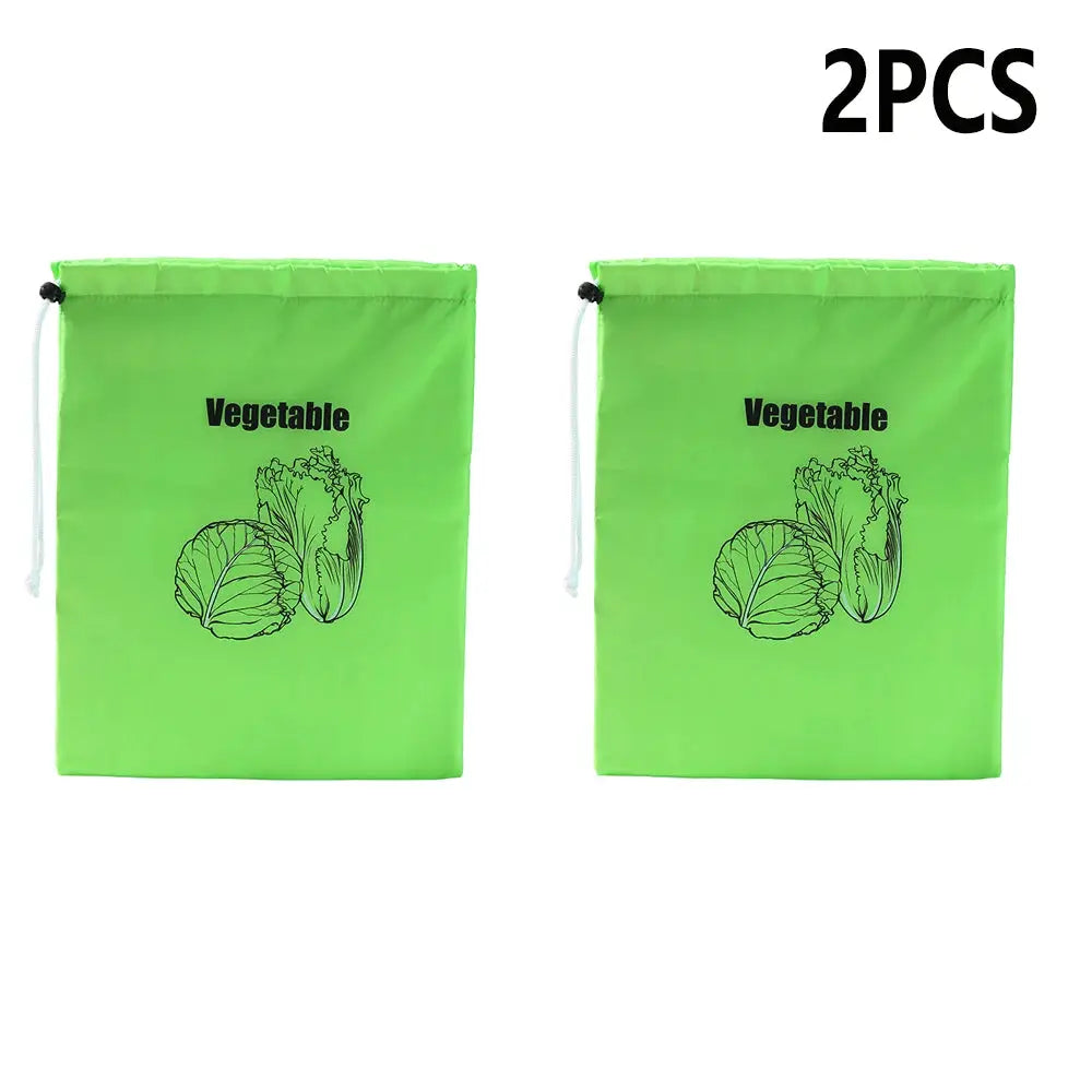 Vegetable storage bags, two green insulated aluminum-film bags with drawstrings