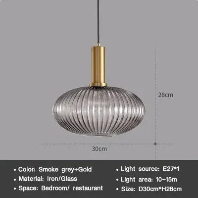 Nordic glass pendant light by Simples Market, smoked grey with gold cap, ribbed globe, E27, 30cm dia x 28cm high