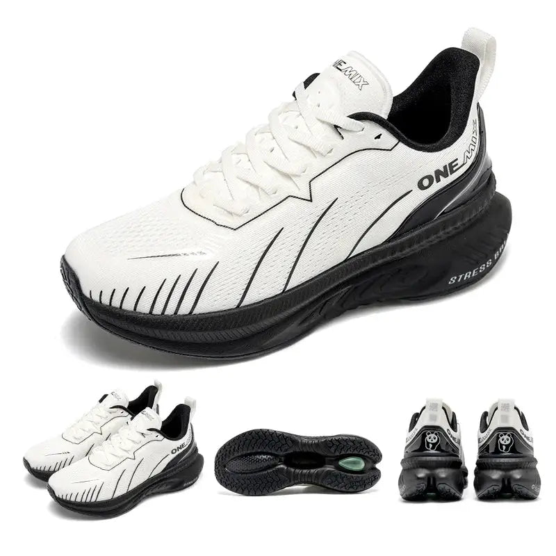ONEMIX white road running shoes for men with air cushion and black sole by Simples Market.
