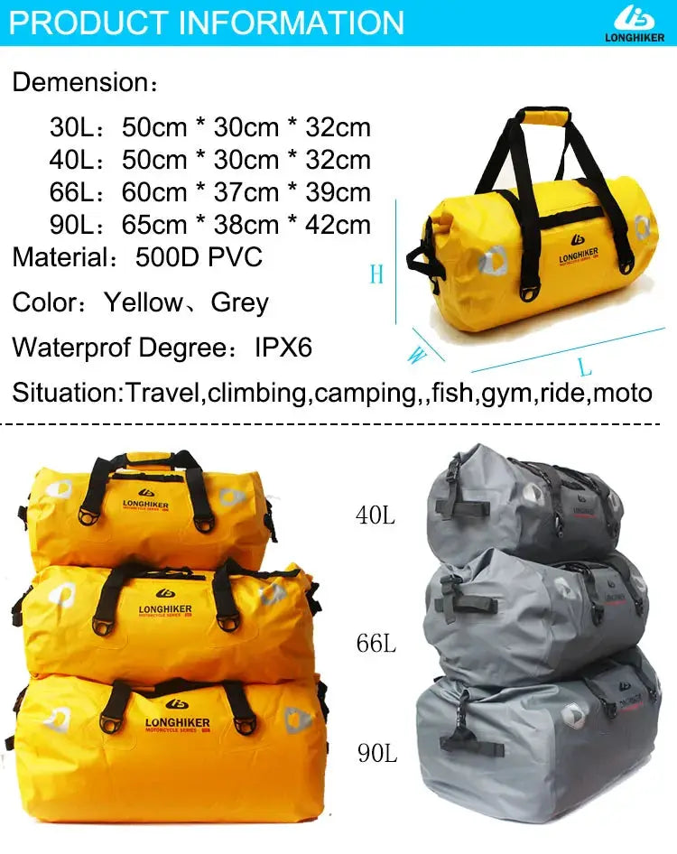 Longhiker waterproof duffle bags in yellow and gray, 40L-120L capacity; six bags with dual handles and shoulder straps