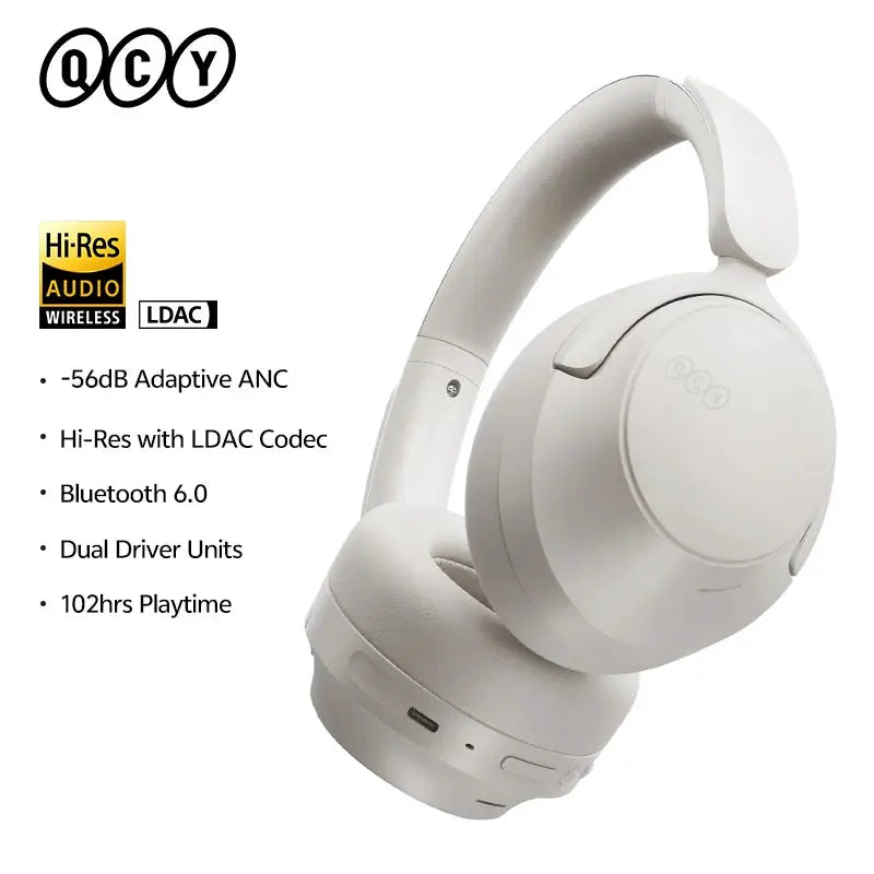 QCY H3S wireless over-ear headphones in white with -56dB adaptive ANC, LDAC Hi-Res, Bluetooth 6.0, dual drivers