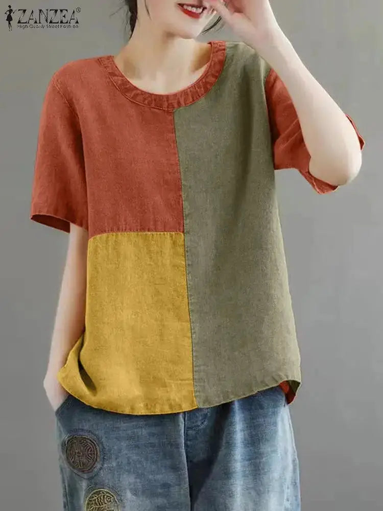 ZANZEA Women Patchwork Blouse Cotton Linen Short Sleeve Round Neck Top