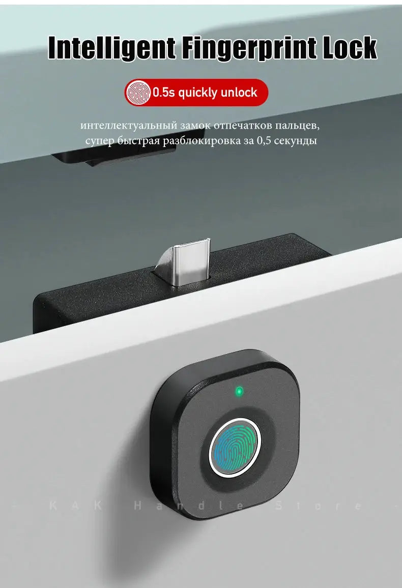 KAK biometric fingerprint lock for cabinets, black square hardware with fingerprint pad and green LED