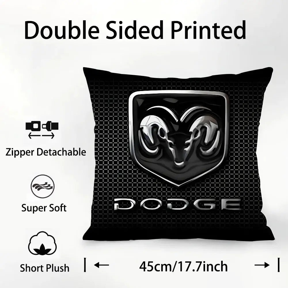 Dodge Ram logo pillow cover in black plush fabric, double-sided print, zipper detachable, 45cm (17.7in)