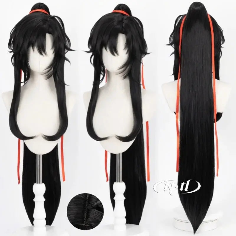 Simples Market Wei Wuxian cosplay wig, long black hair with red ribbons for Halloween costume