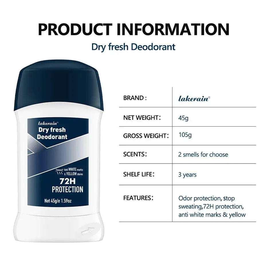 Lakerain Dry Fresh Deodorant roll-on for men, 45g, 72H protection