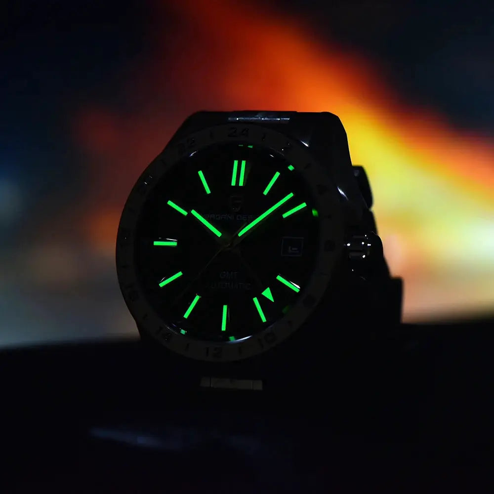 Pagani Design GMT men's mechanical watch with black dial, green luminous hands, stainless steel case