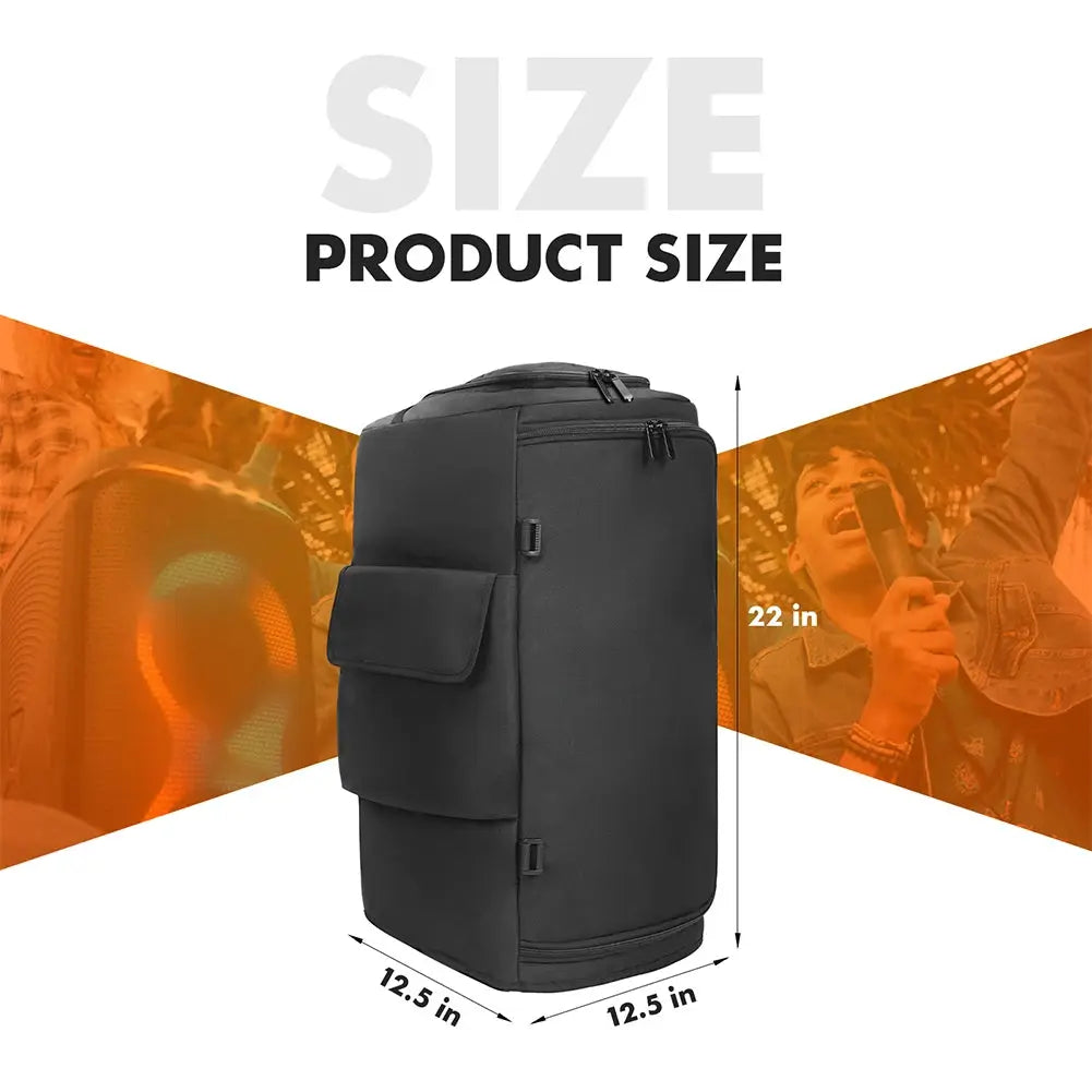 Portable speaker dust case with mic pocket for JBL PARTYBOX, black carry bag with front pocket, 12.5 x 12.5 x 22 in