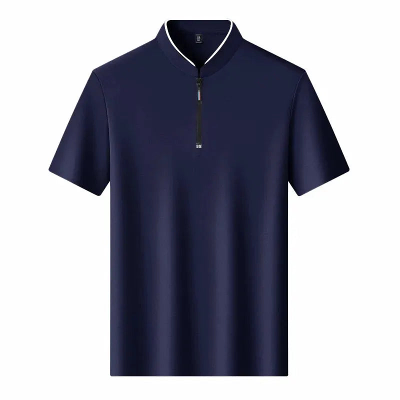 Men's zip polo shirt, navy blue, by Simples Market; short sleeves and stand-up collar.