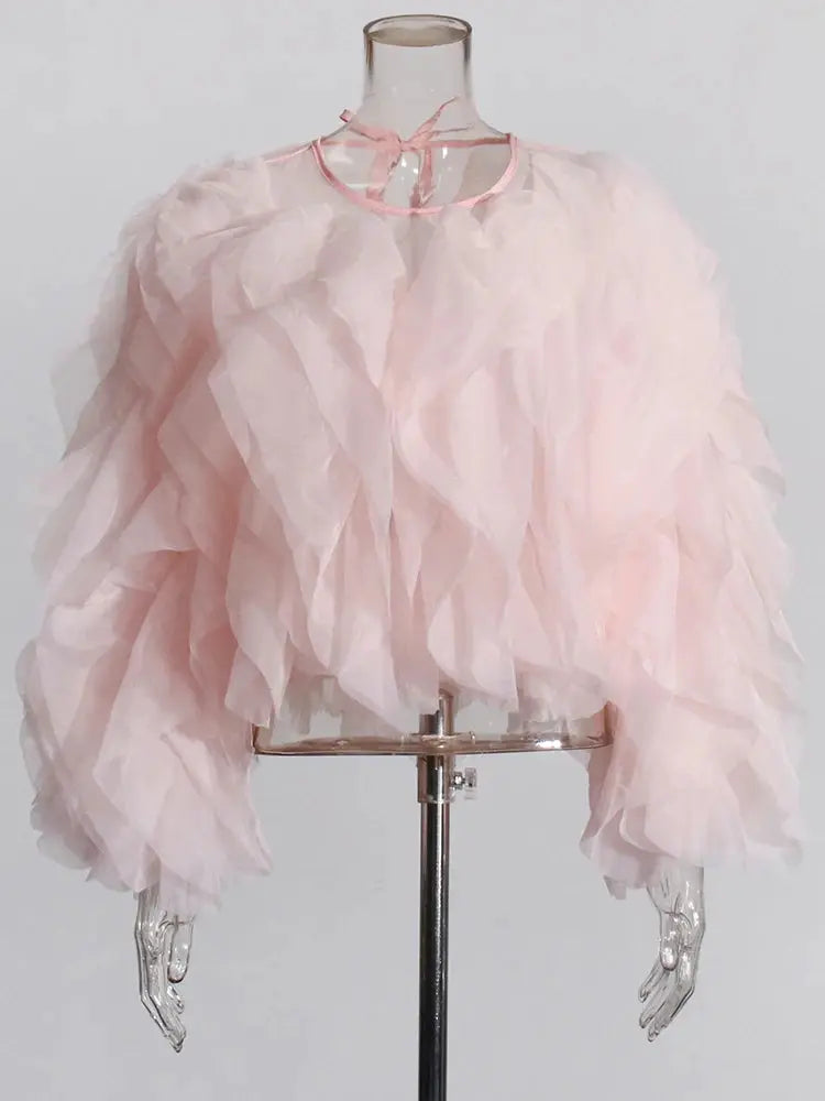 Twotwinstyle Elegant Patchwork Ruffles Chiffon Blouse O Neck Lantern