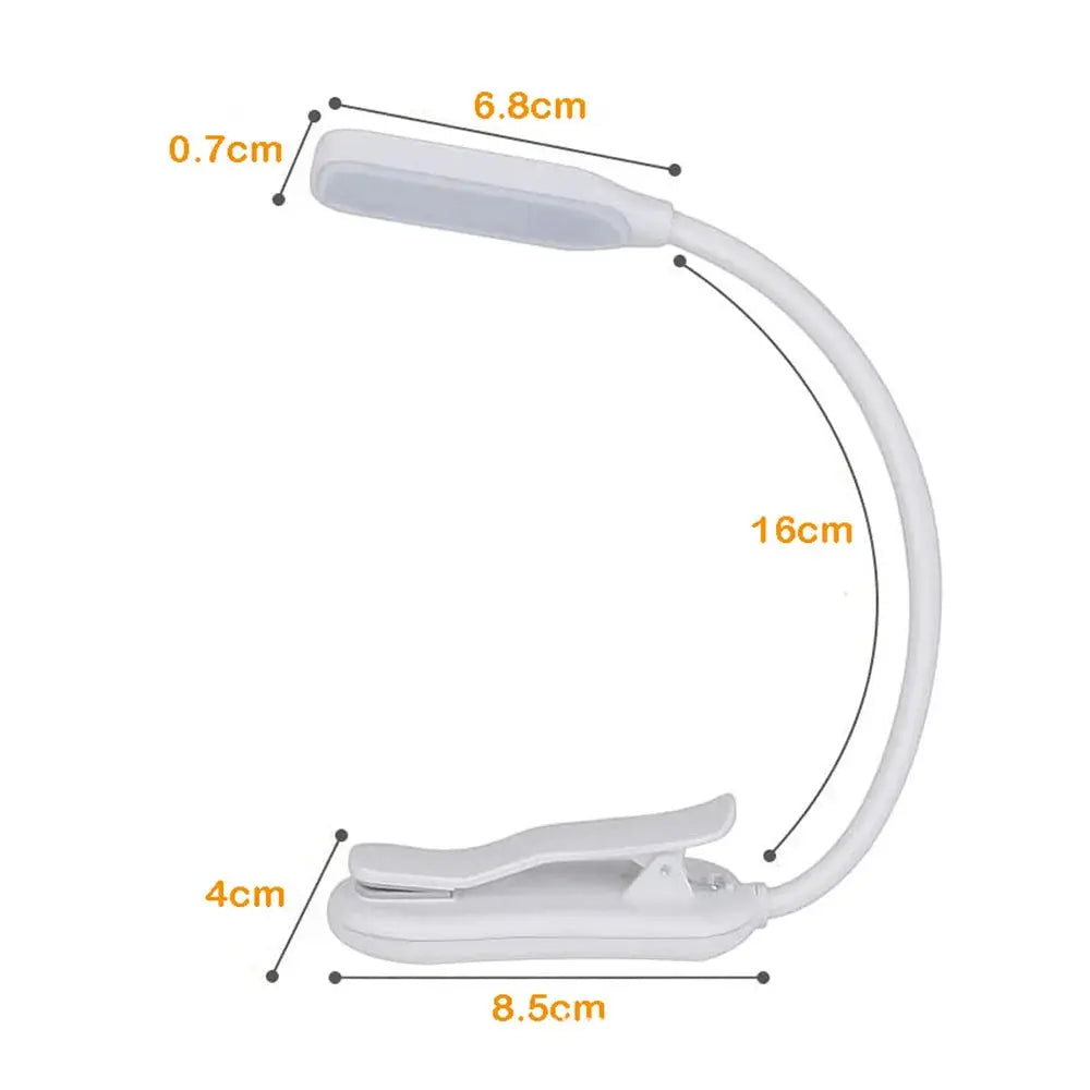 LED book light Simples Market, USB rechargeable white clip-on lamp with a flexible gooseneck